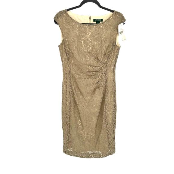 Lauren Ralph Lauren New! Knee Length Mini Dress Gold Lace Formal Cocktail Size 8 - Picture 1 of 12
